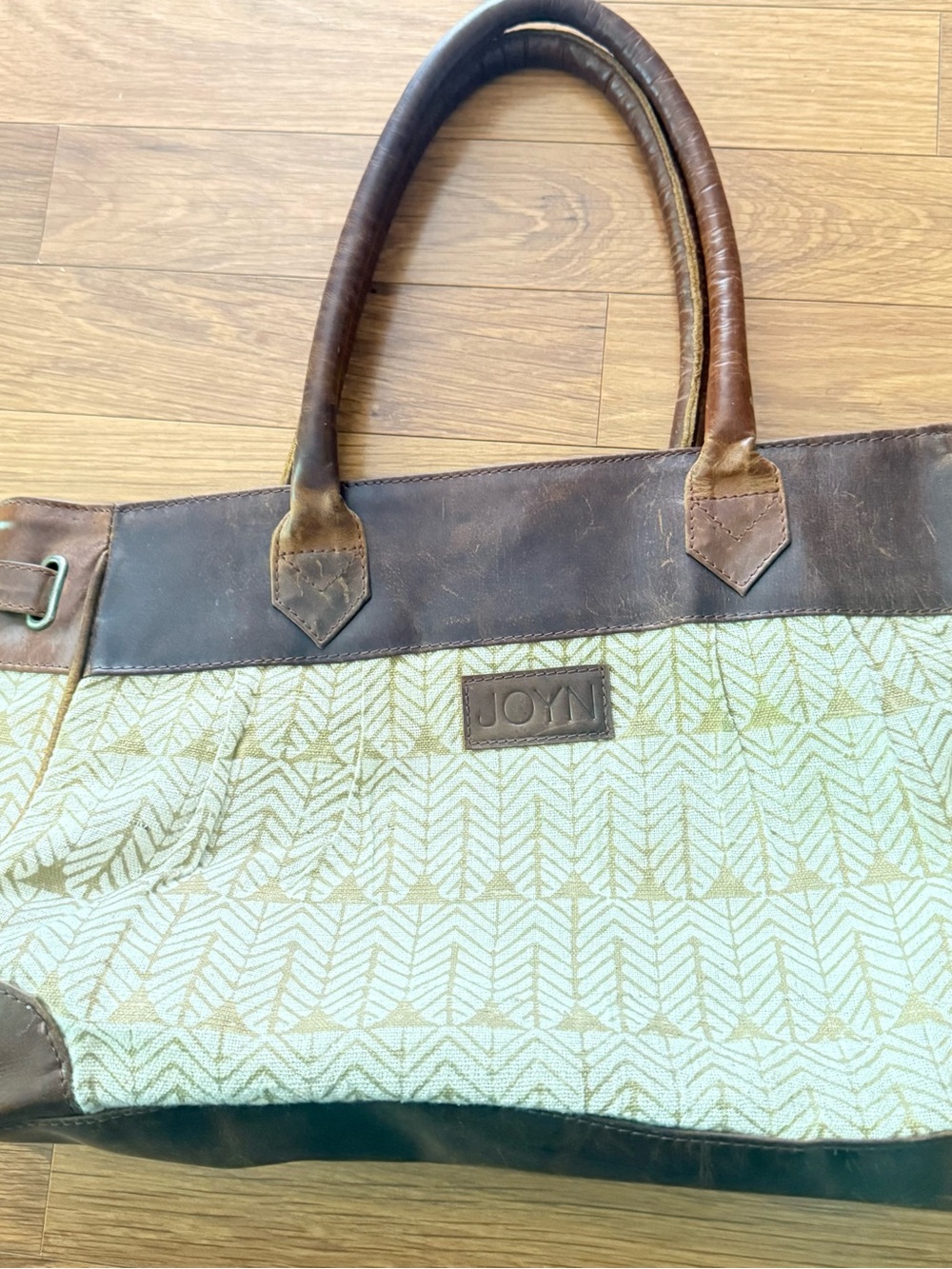 JOYN Canvas Tote with Brown Leather Trim in Mustard and Cream